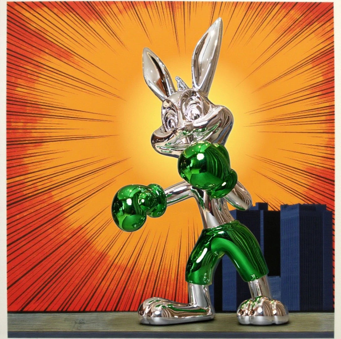 Resin bunny boxer figurine with chrome silver finish and emerald green gloves and shorts