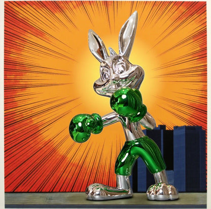 Resin bunny boxer figurine with chrome silver finish and emerald green gloves and shorts