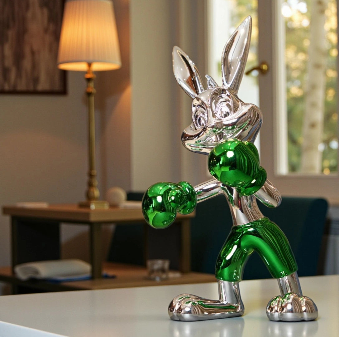 Resin bunny boxer figurine with chrome silver finish and emerald green gloves and shorts