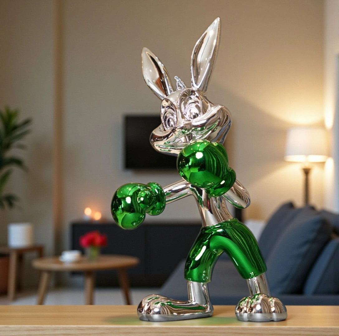 Resin bunny boxer figurine with chrome silver finish and emerald green gloves and shorts