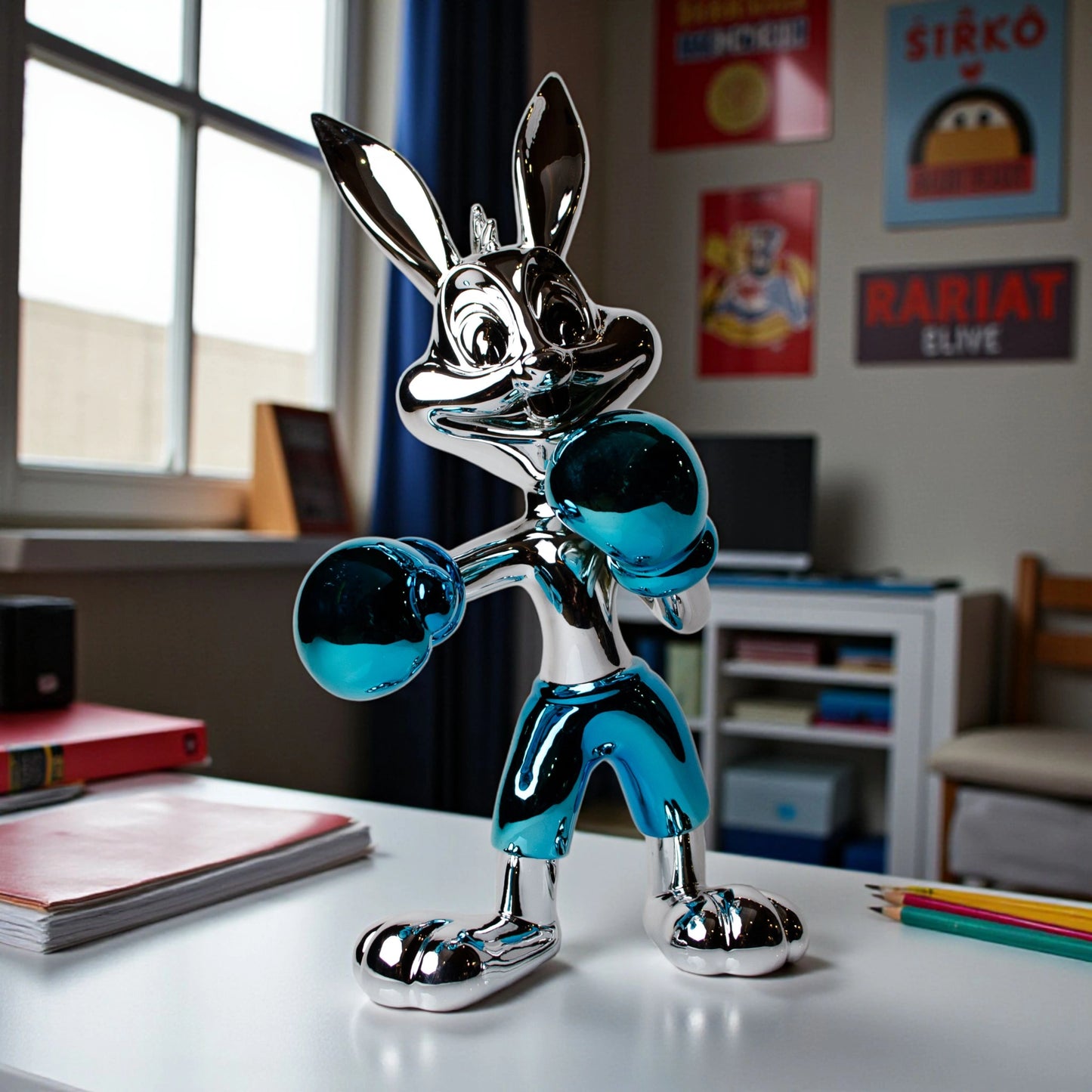 Resin bunny boxer figurine with chrome silver finish and aqua blue gloves and shorts