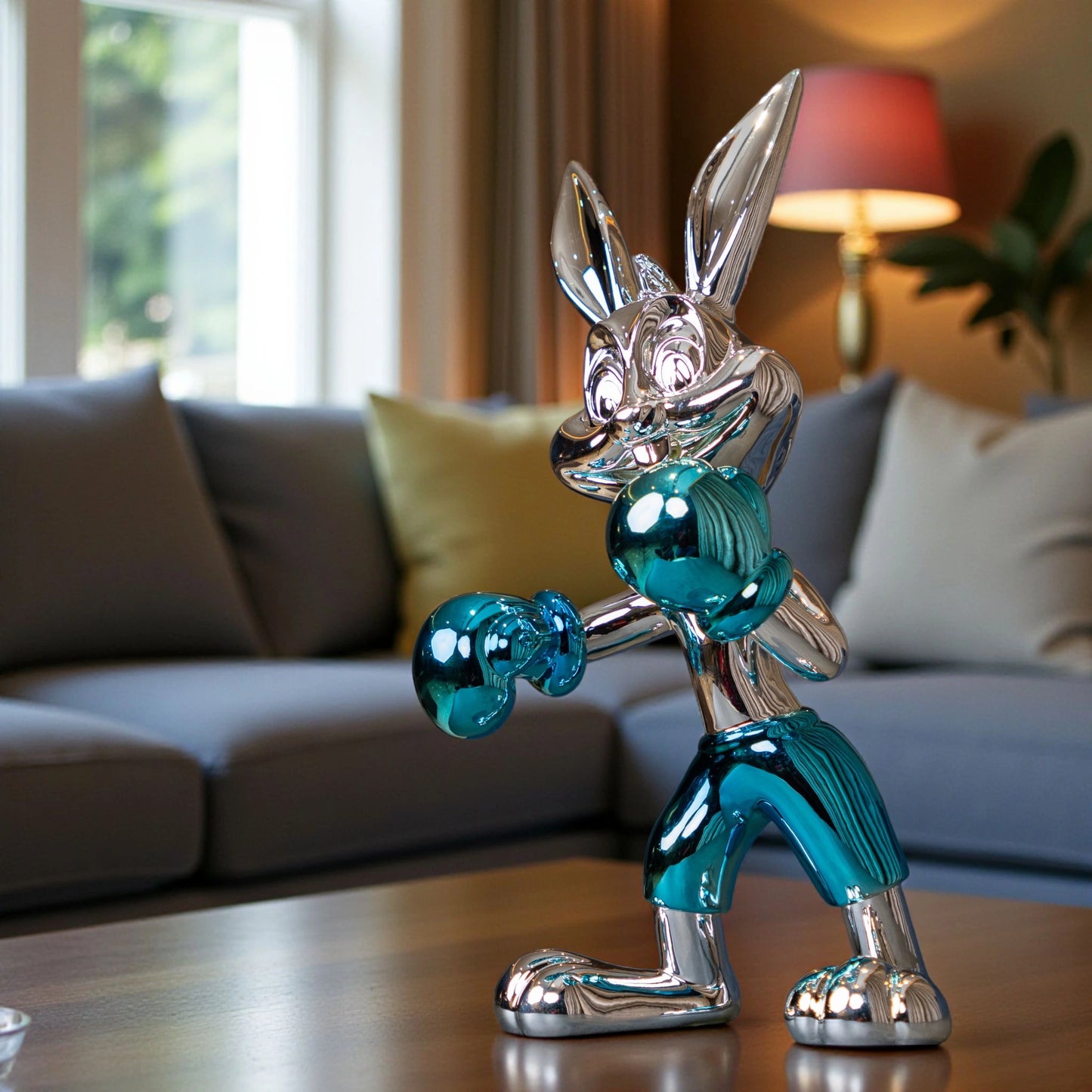 Resin bunny boxer figurine with chrome silver finish and aqua blue gloves and shorts