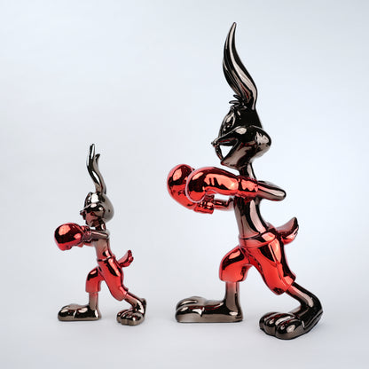 Resin bunny boxer figurine with chrome silver finish and crimson red gloves and shorts