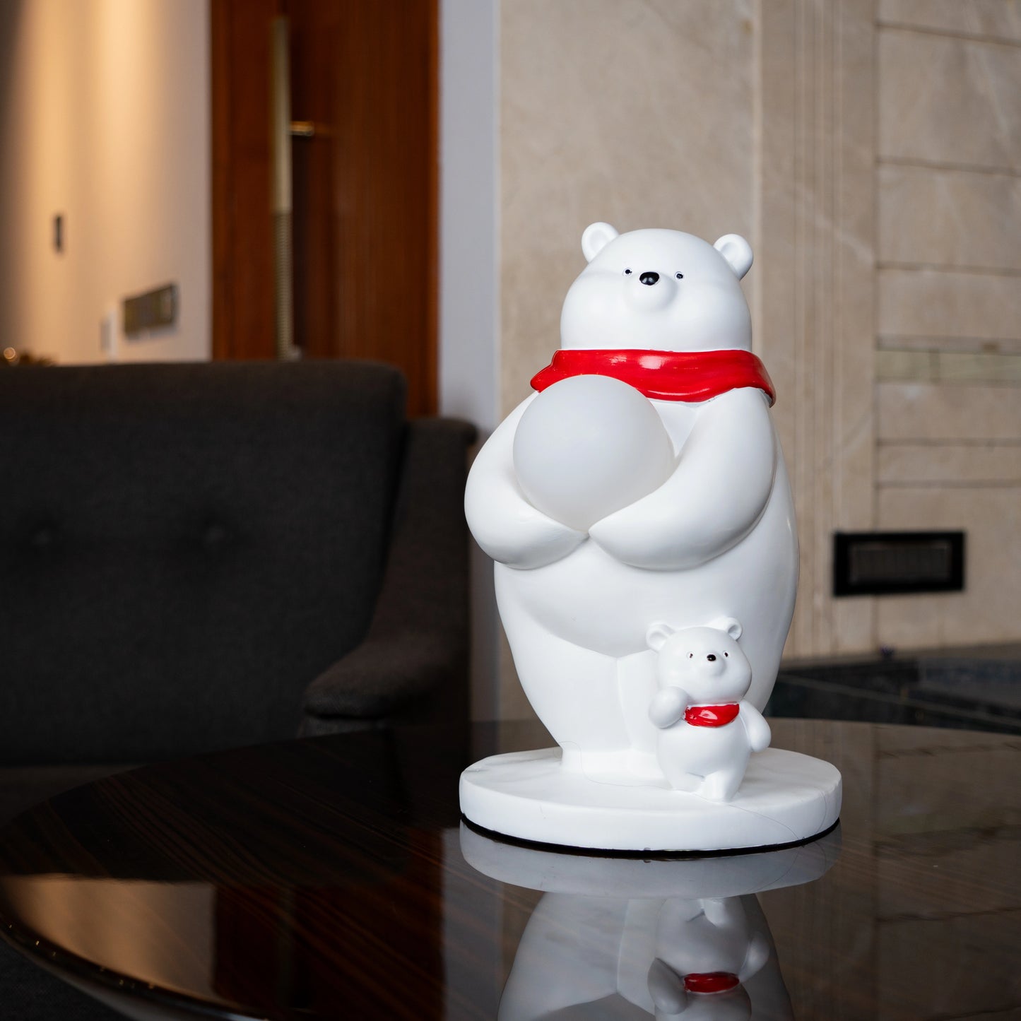 White ceramic polar-bear lamp with glowing orb and cub — Polar Glow Lamp by Ghar Art, handcrafted modern home-decor lighting for cozy and luxury interiors.