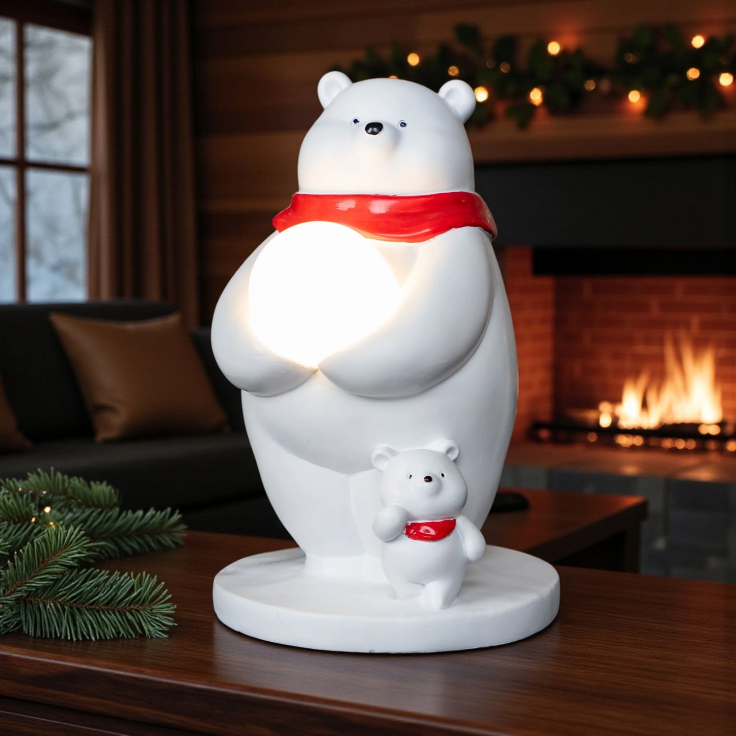 White ceramic polar-bear lamp with glowing orb and cub — Polar Glow Lamp by Ghar Art, handcrafted modern home-decor lighting for cozy and luxury interiors.