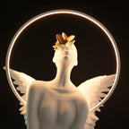 White angelic sculpture with wings, gold crown, and LED halo on marble-style base — Heavenly Wing Sculpture by Ghar Art, handcrafted luxury home decor accent symbolizing peace and divinity.