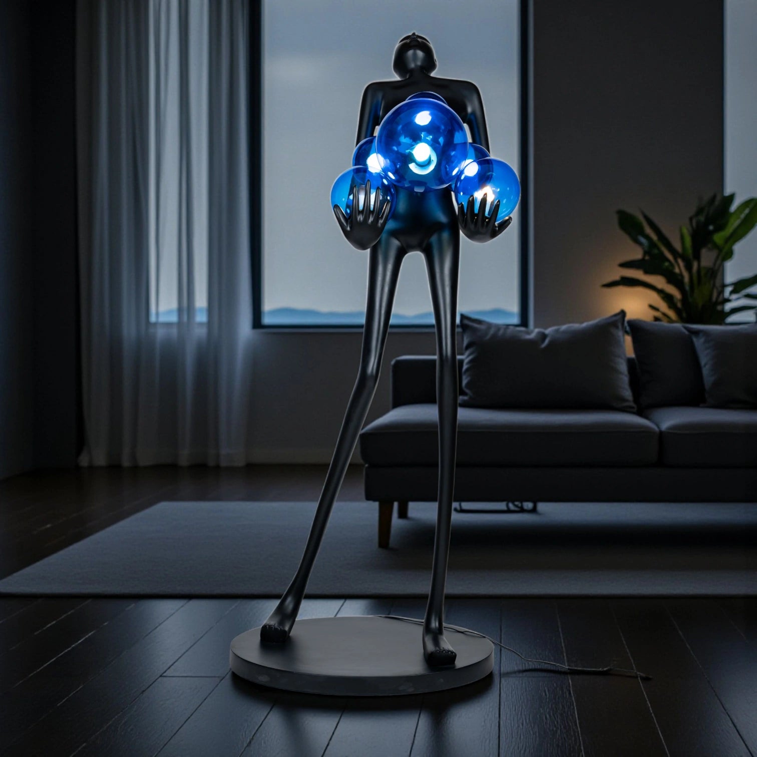 Tall matte black sculpture of human figure holding glowing blue light spheres — Azure Radiance Sculpture by Ghar Art, handcrafted illuminated modern home decor accent.
