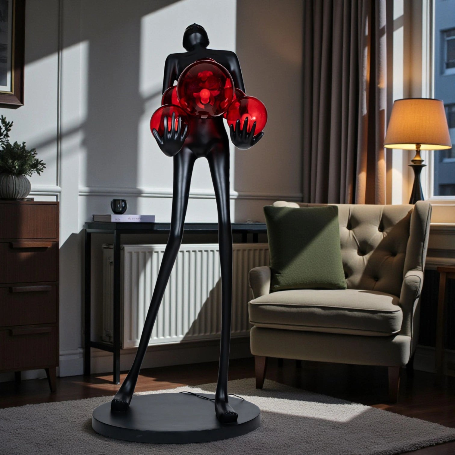 Tall matte black human figure sculpture holding glowing amber light spheres — Ember Radiance Sculpture by Ghar Art, illuminated modern luxury home decor accent.