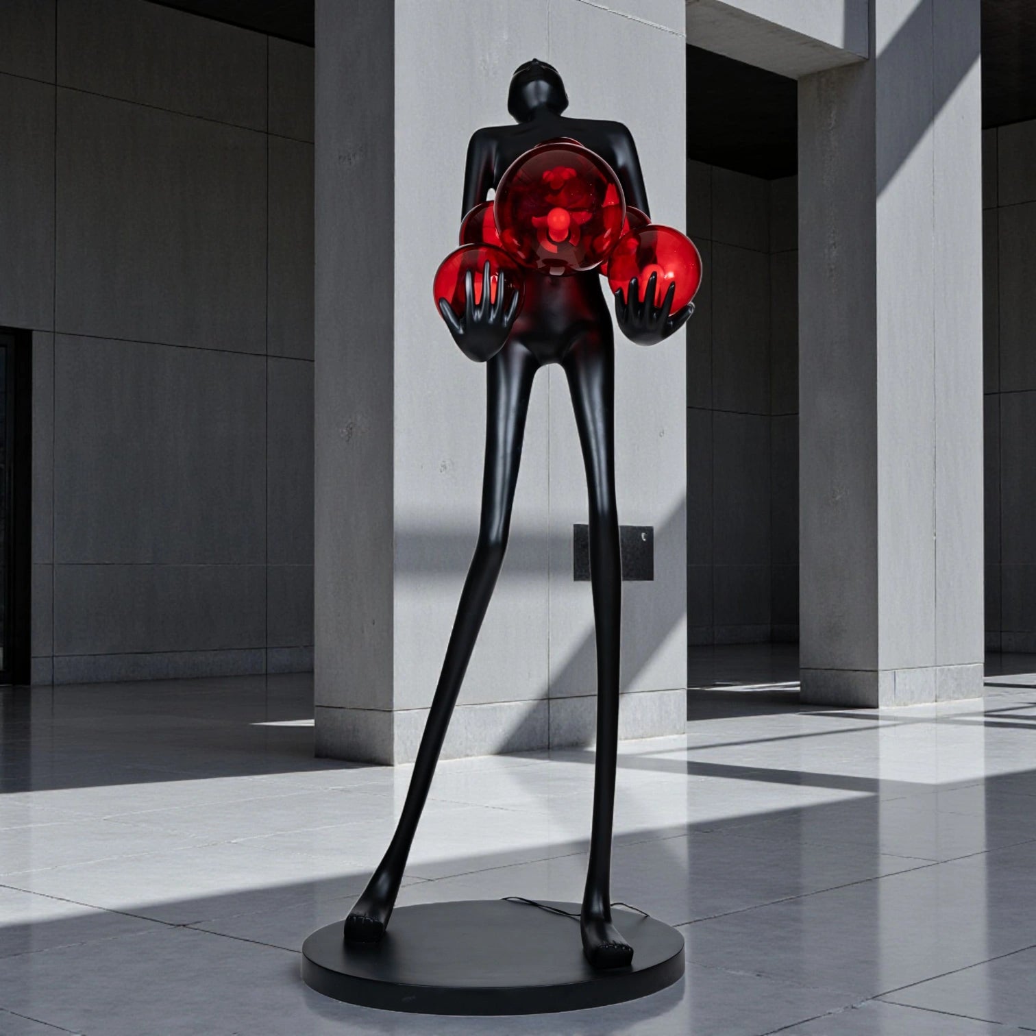 Tall matte black human figure sculpture holding glowing amber light spheres — Ember Radiance Sculpture by Ghar Art, illuminated modern luxury home decor accent.