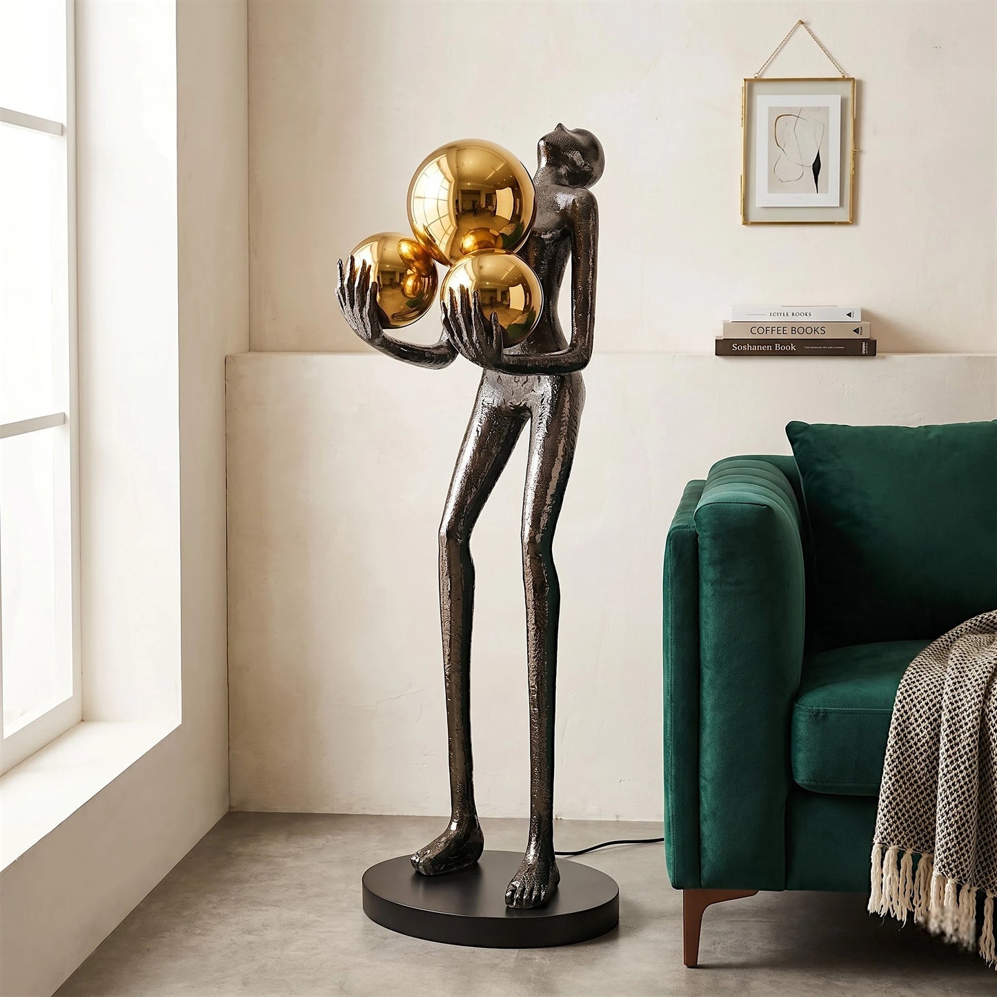 Trinity Orb Sculptural Floor Lamp side view with glowing spheres