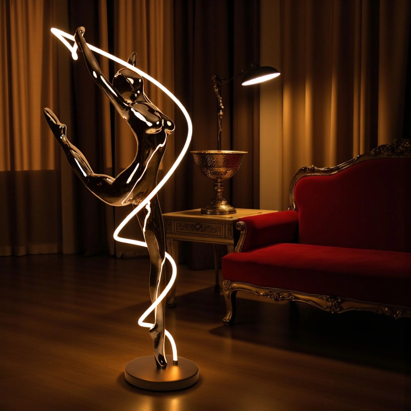 Metallic black human spiral floor sculpture with integrated LED light