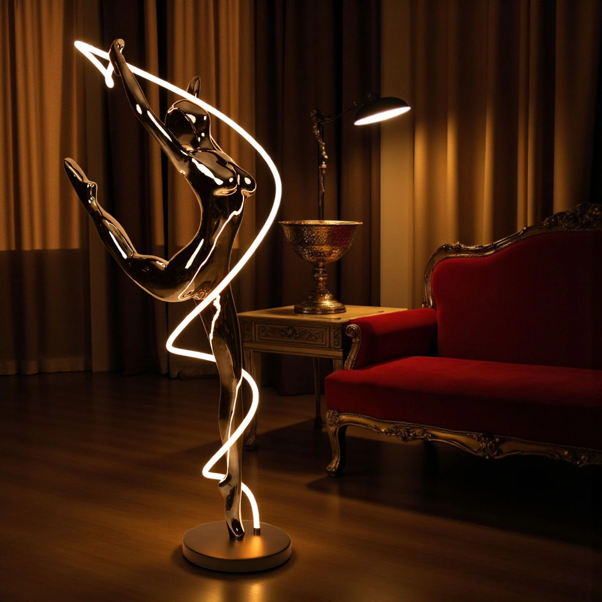 Metallic black human spiral floor sculpture with integrated LED light