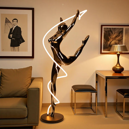 Metallic black human spiral floor sculpture with integrated LED light