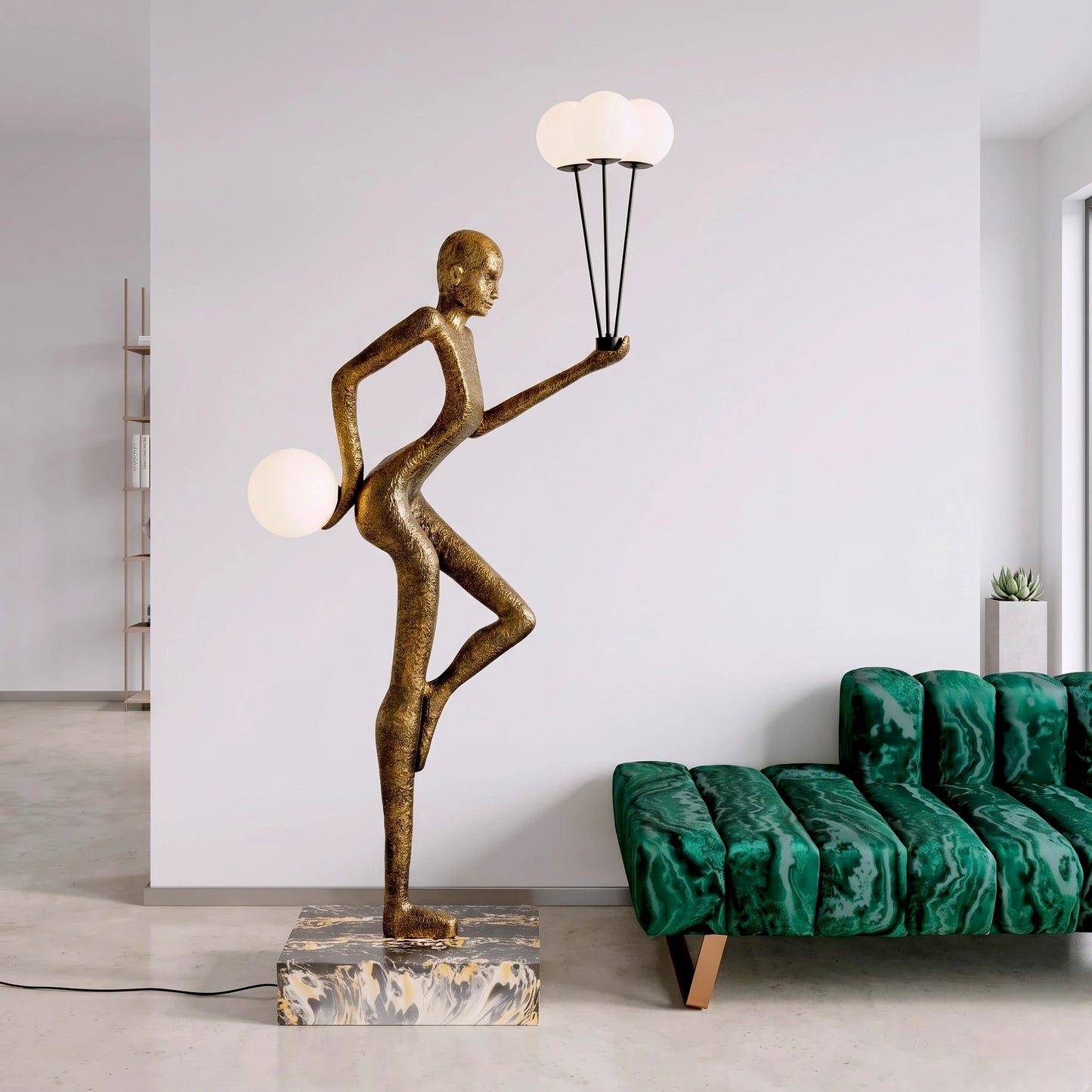 antique gold juggler sculptural floor lamp with orb lights