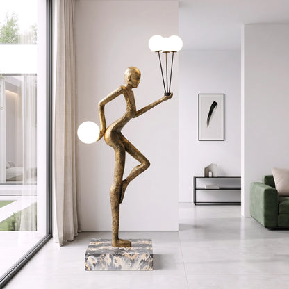 antique gold juggler sculptural floor lamp with orb lights