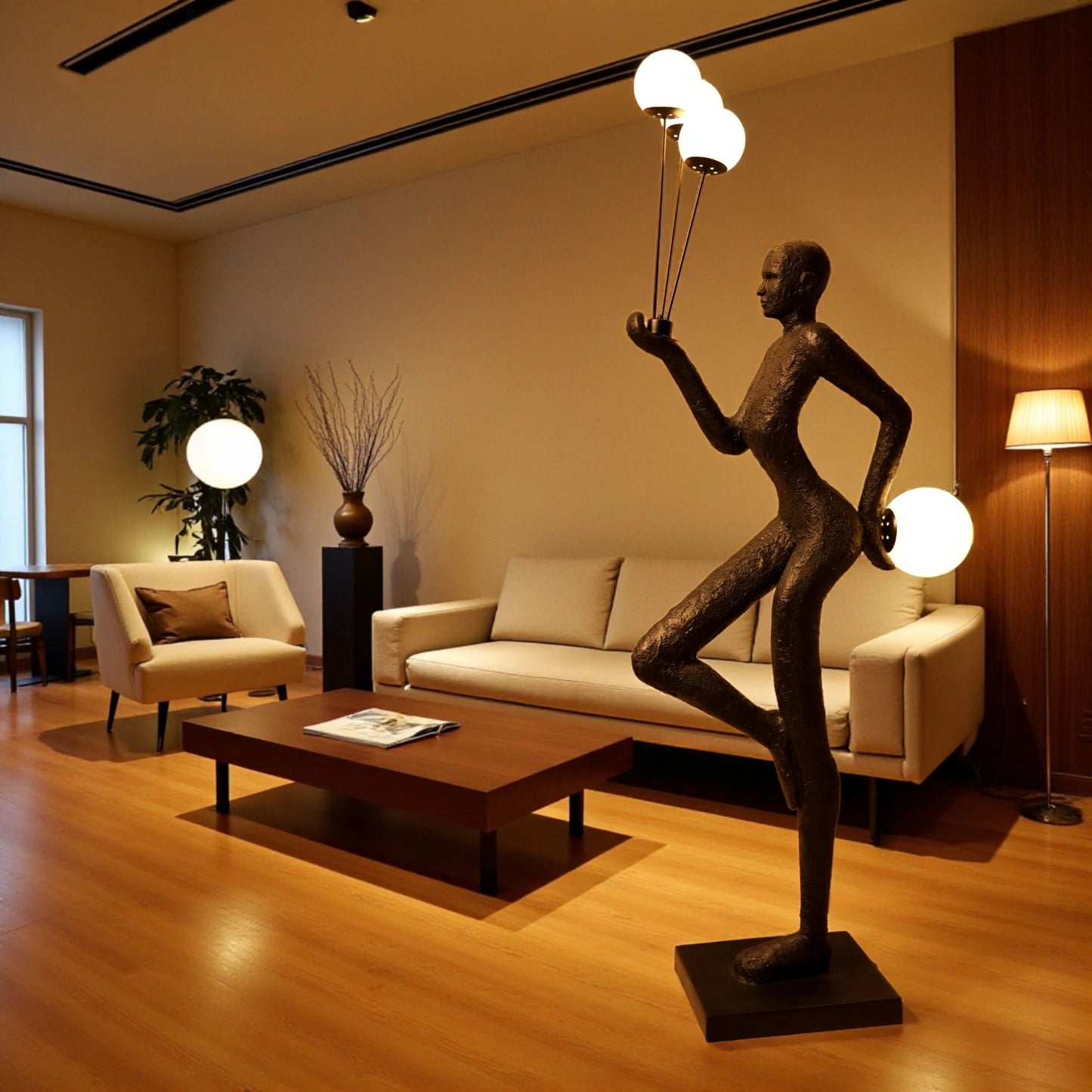 Matte black human-form sculpture holding illuminated orbs