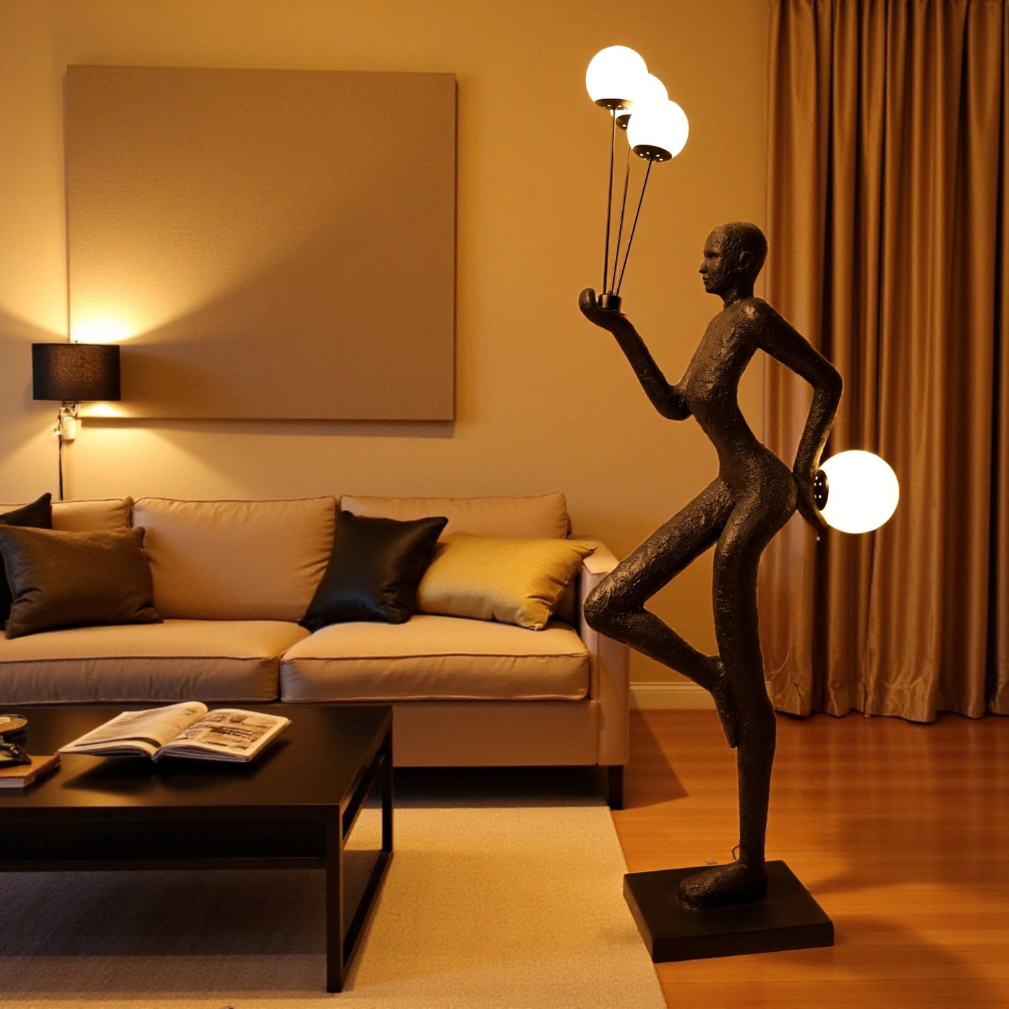 Matte black human-form sculpture holding illuminated orbs