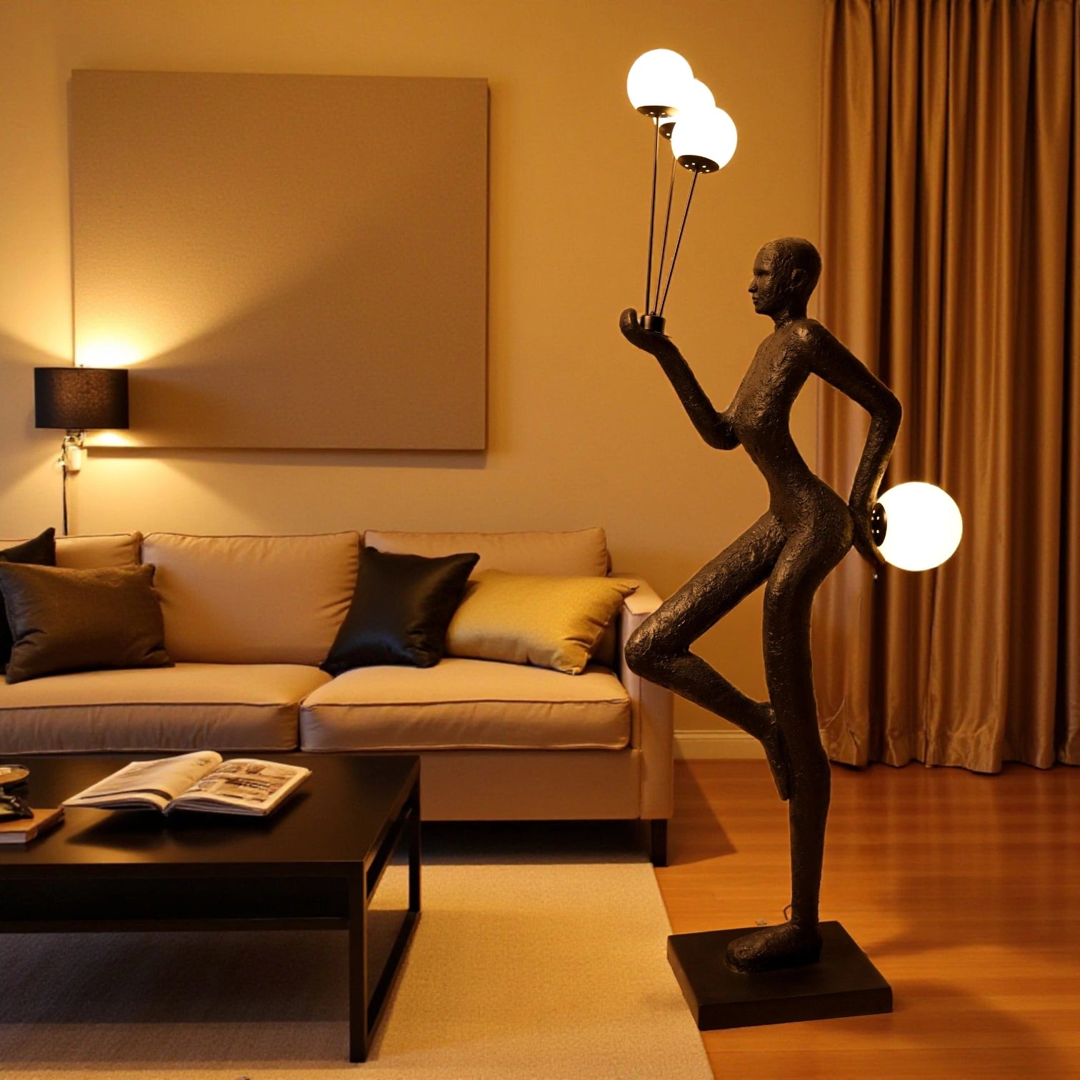 Matte black human-form sculpture holding illuminated orbs