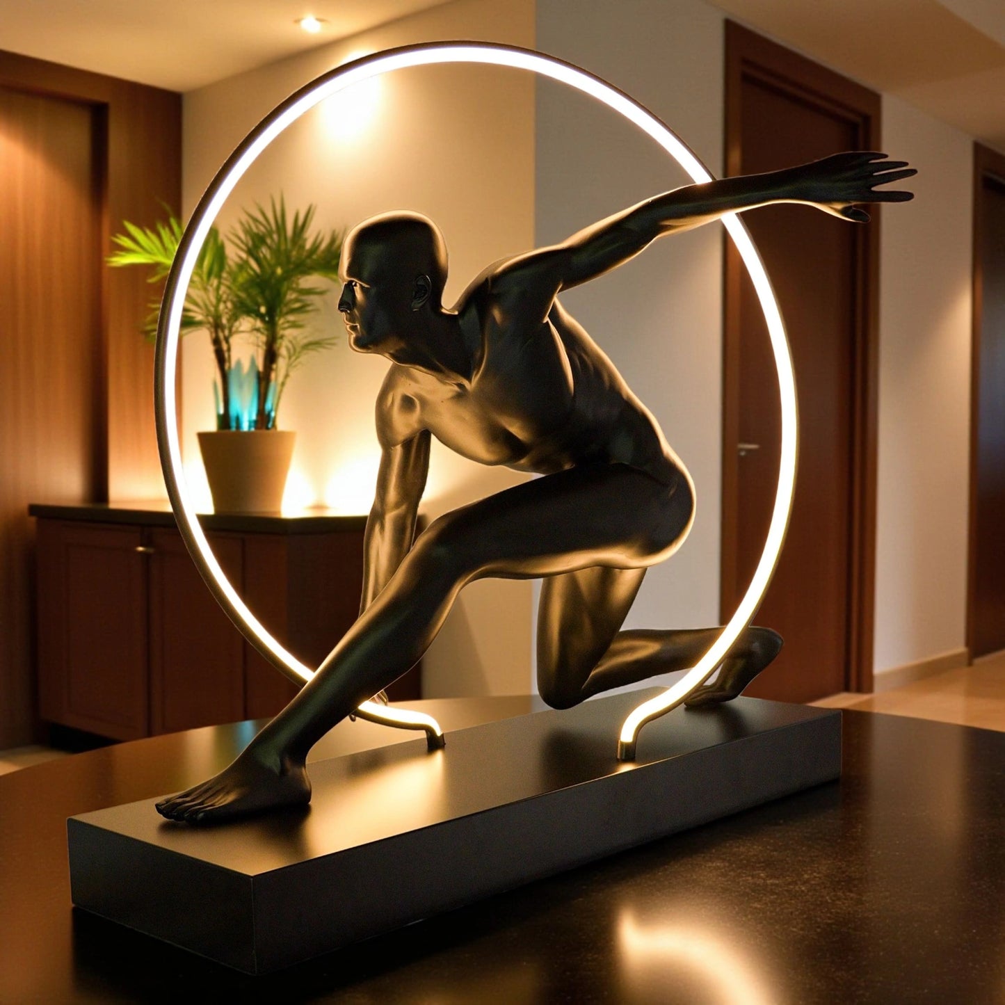 Matte black illuminated human motion sculpture with halo light ring on rectangular base