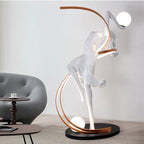 Liberty Sculpture Floor Lamp Standard Edition – silver and white human-form lamp with LED arcs and glowing orb.”