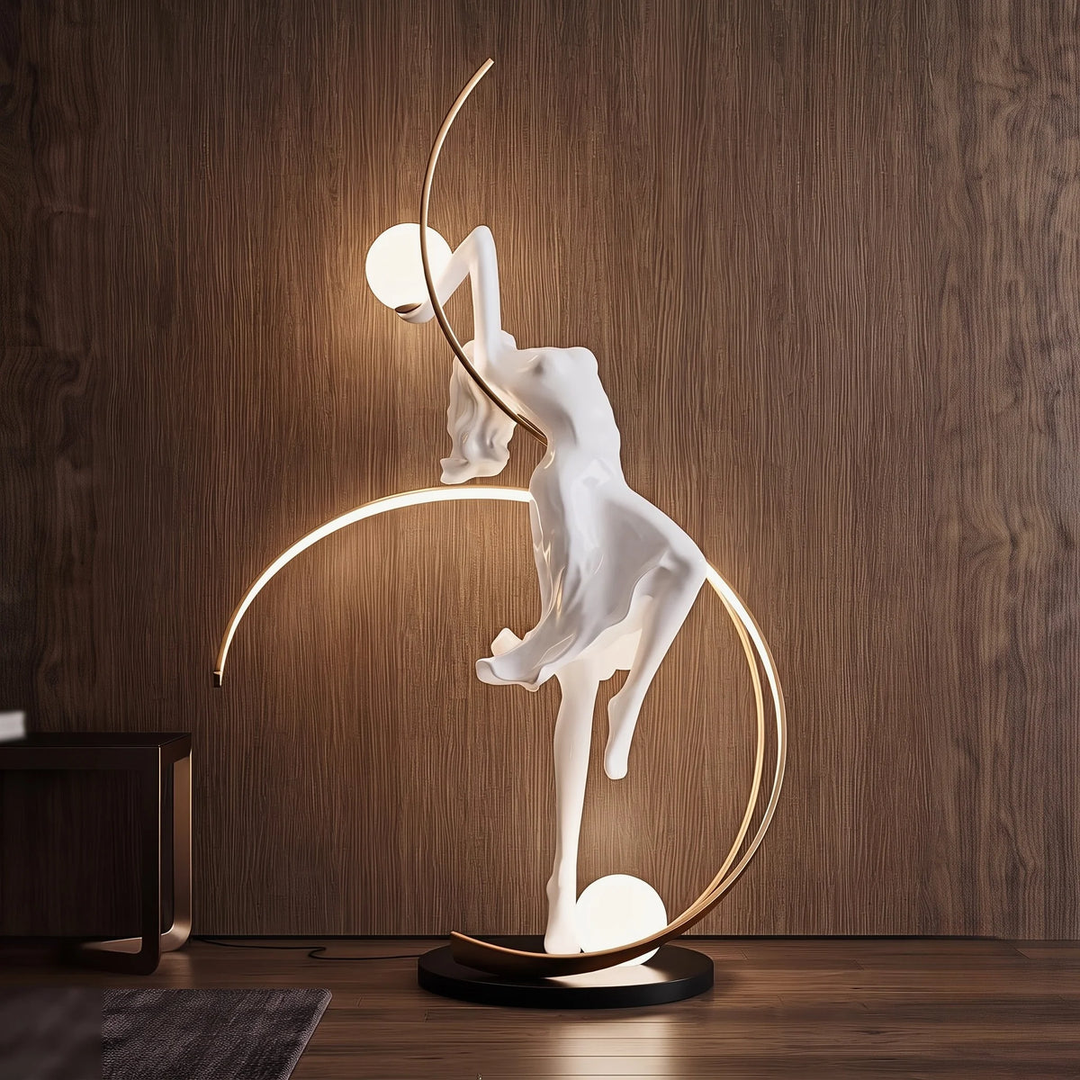 Liberty Sculpture Floor Lamp Standard Edition – silver and white human-form lamp with LED arcs and glowing orb.”