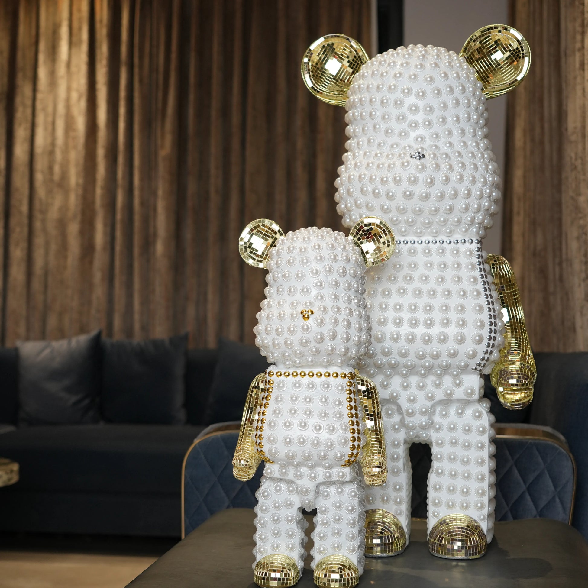Pearl white bear sculptures with gold metallic accents set of two