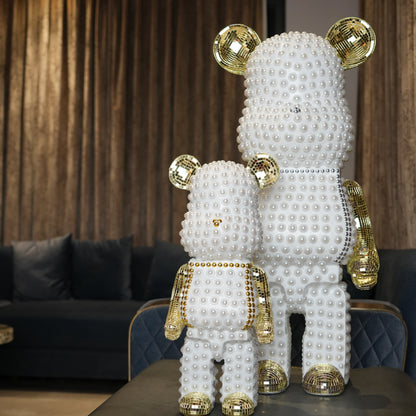 Pearl white bear sculptures with gold metallic accents set of two