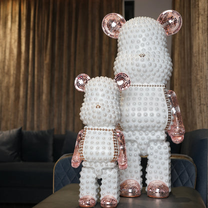 Pearl white bear sculptures with rose gold metallic accents set of two