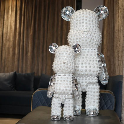 Pearl white bear sculptures with silver metallic accents set of two