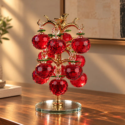Dense cluster golden crystal apple tree with multiple red faceted apples on a mirrored base.