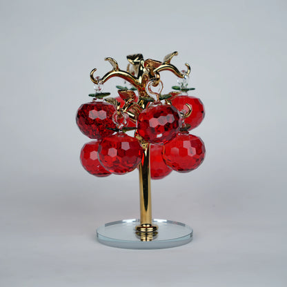 Large golden crystal apple tree décor with red faceted crystal apples on a mirrored base