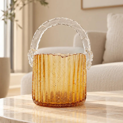 Amber ribbed glass basket with clear handle decorative design