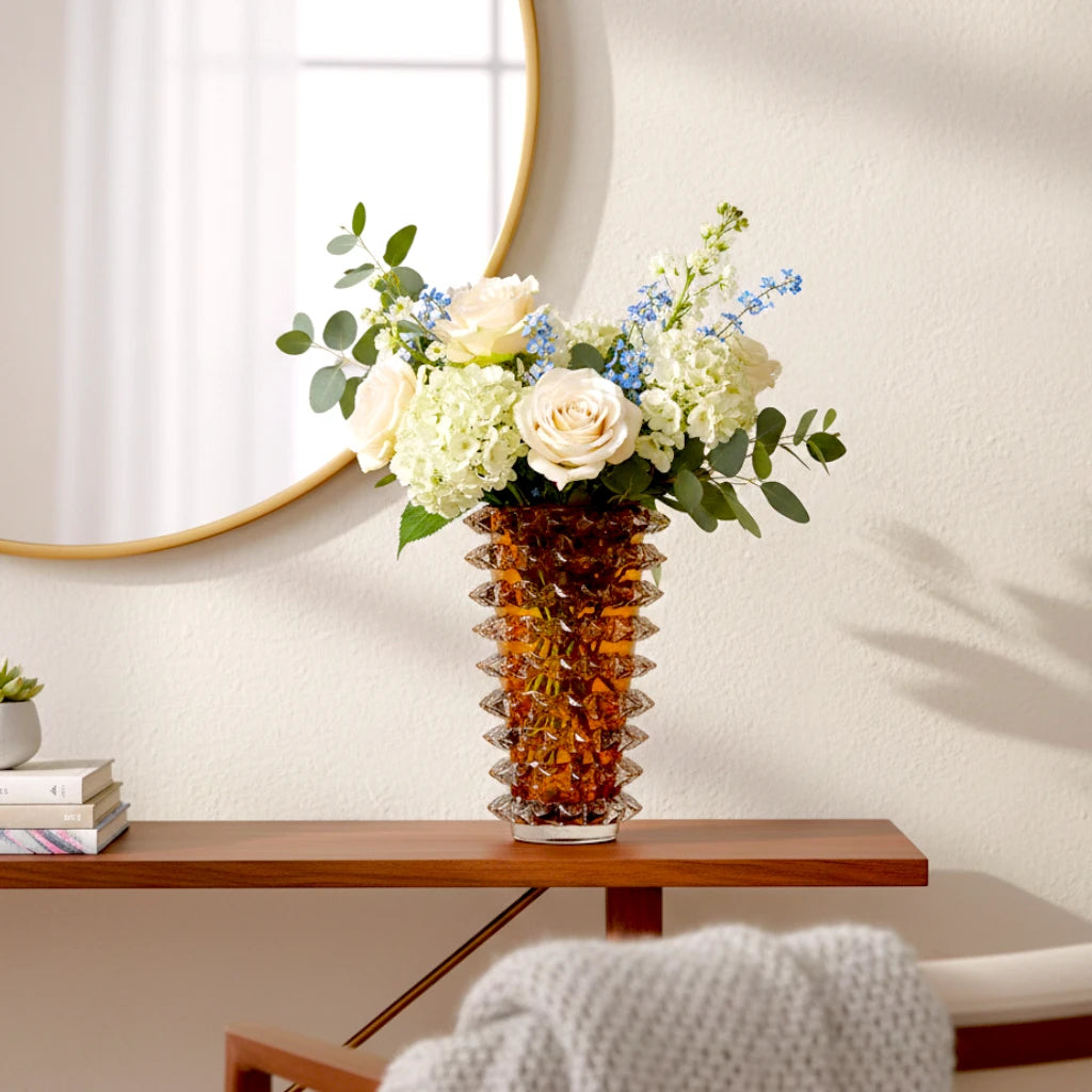 Spiked textured glass decorative vase with layered cylindrical design