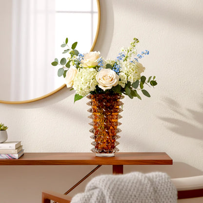 Spiked textured glass decorative vase with layered cylindrical design