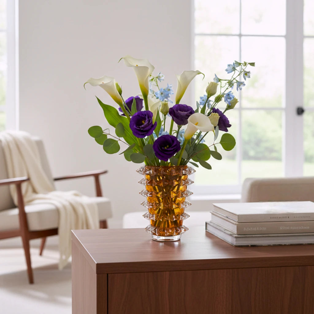 Spiked textured glass decorative vase with layered cylindrical design