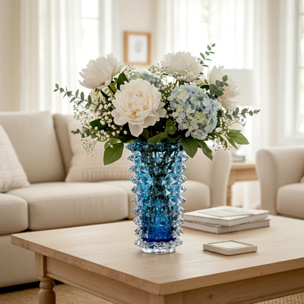 Spiked textured glass decorative vase with layered cylindrical design