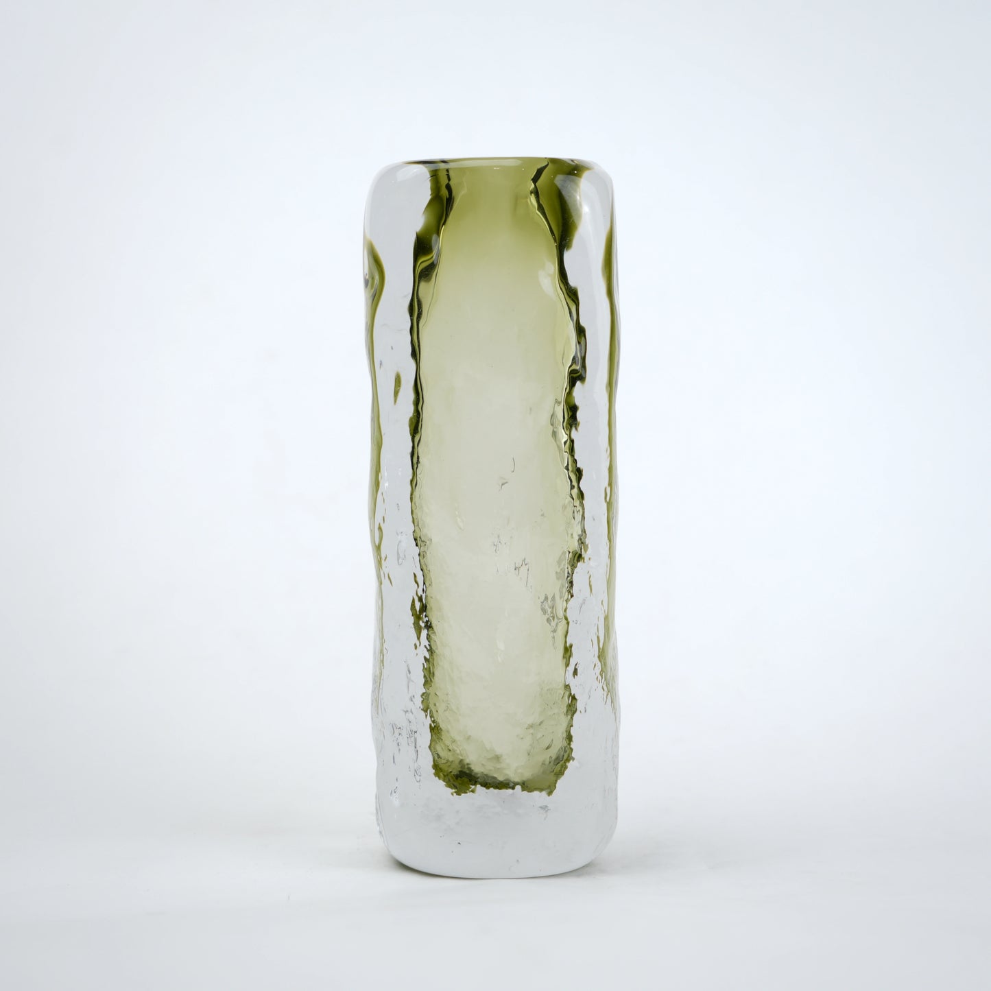 Transparent green decorative glass vase with cylindrical form