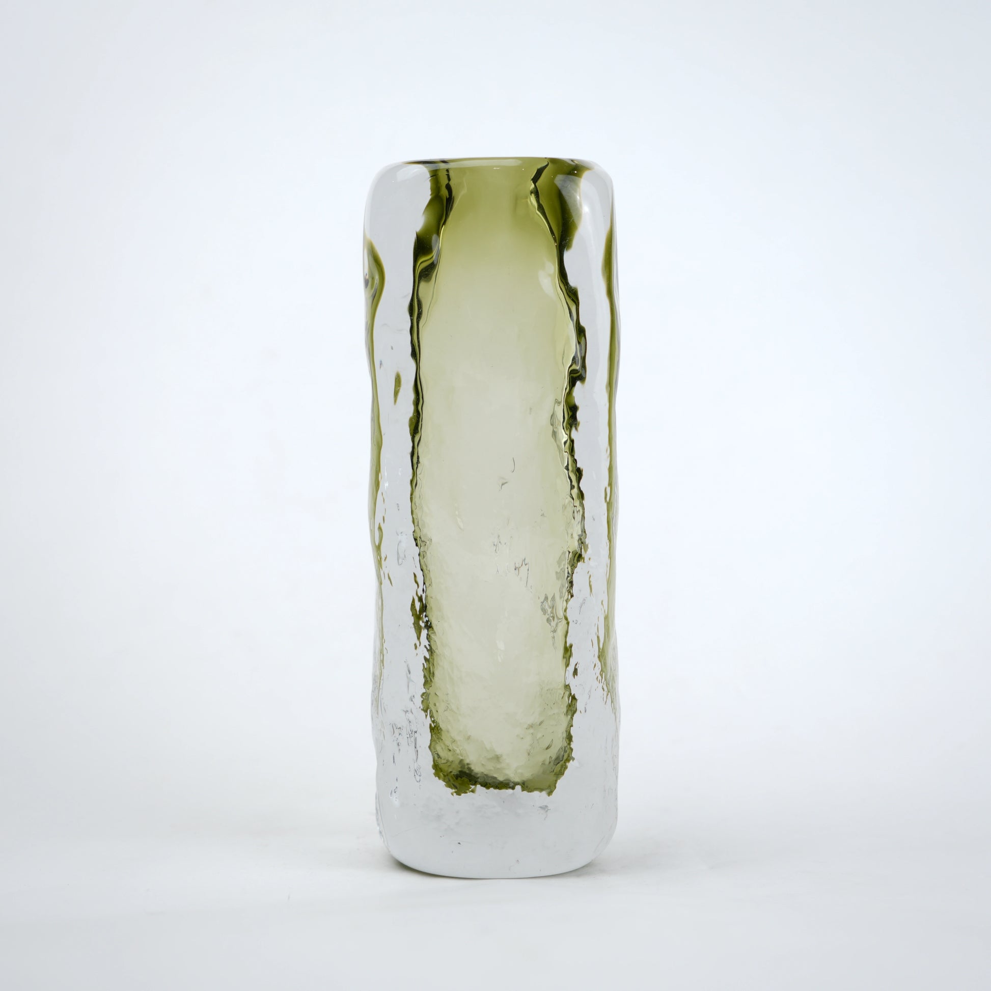 Transparent green decorative glass vase with cylindrical form