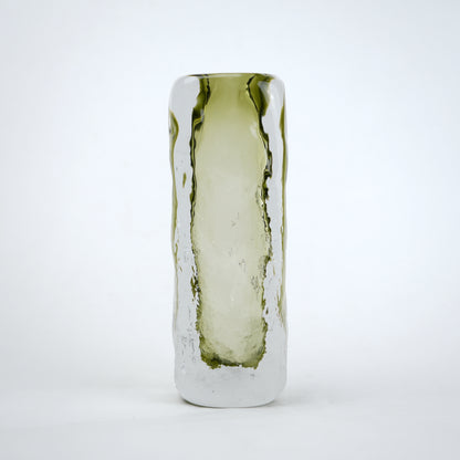 Transparent green decorative glass vase with cylindrical form