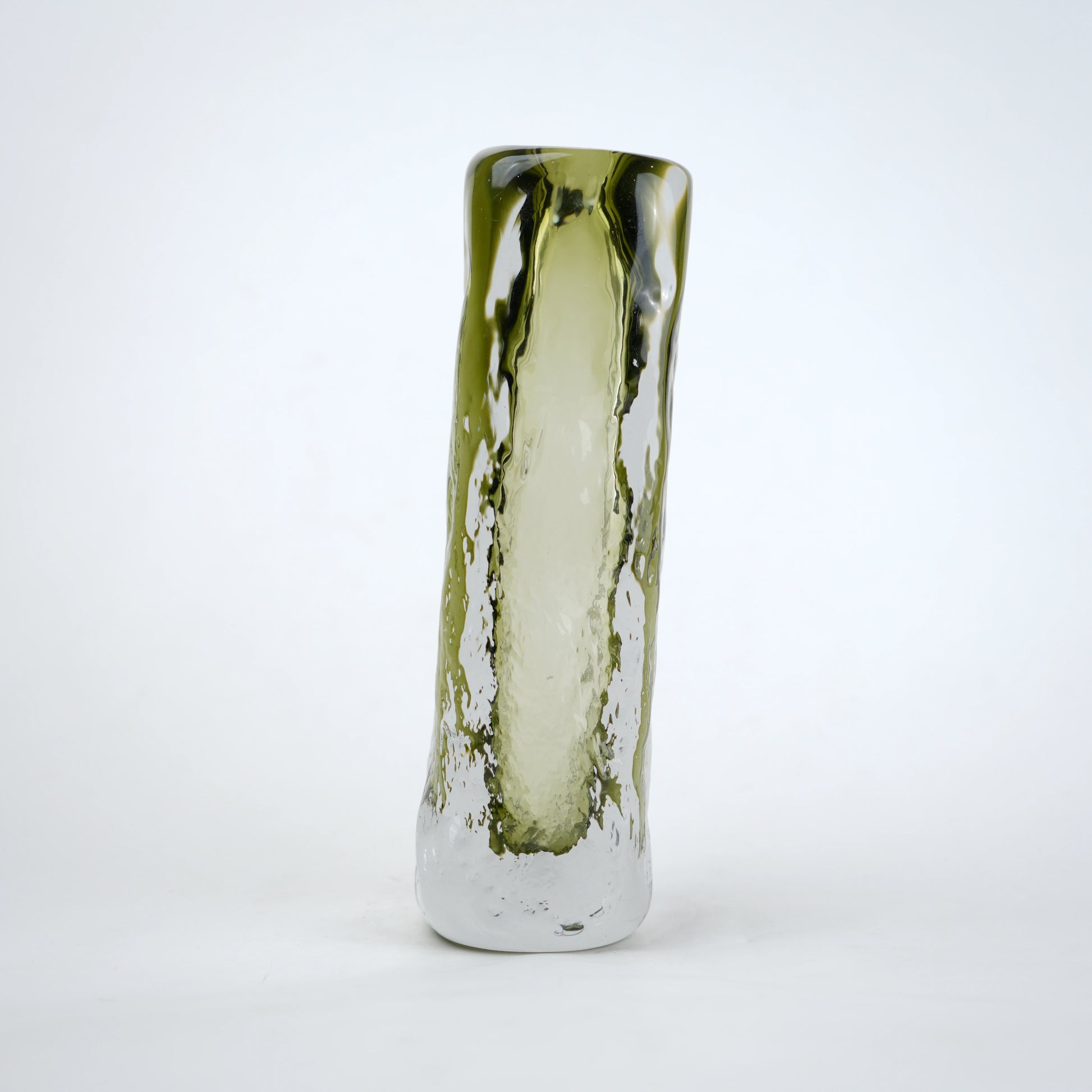 Transparent green decorative glass vase with cylindrical form
