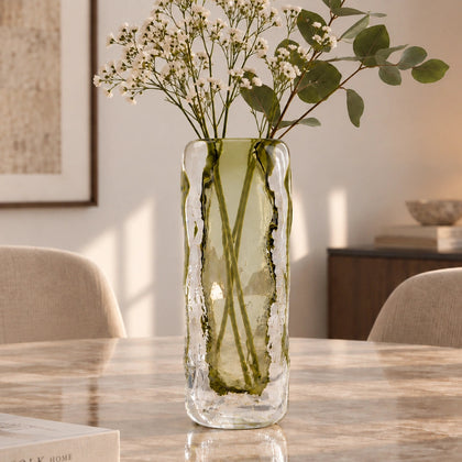 Transparent green decorative glass vase with cylindrical form
