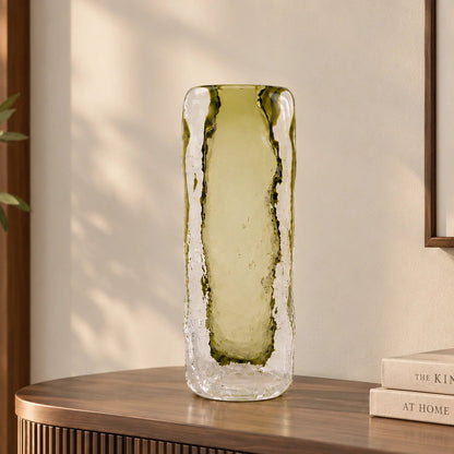 Transparent green decorative glass vase with cylindrical form