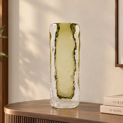 Transparent green decorative glass vase with cylindrical form