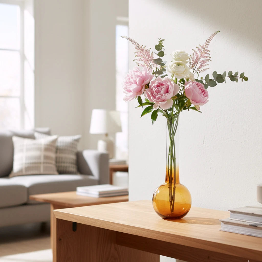 Glass vase with spherical base and elongated cylindrical neck designed for single stem floral arrangements