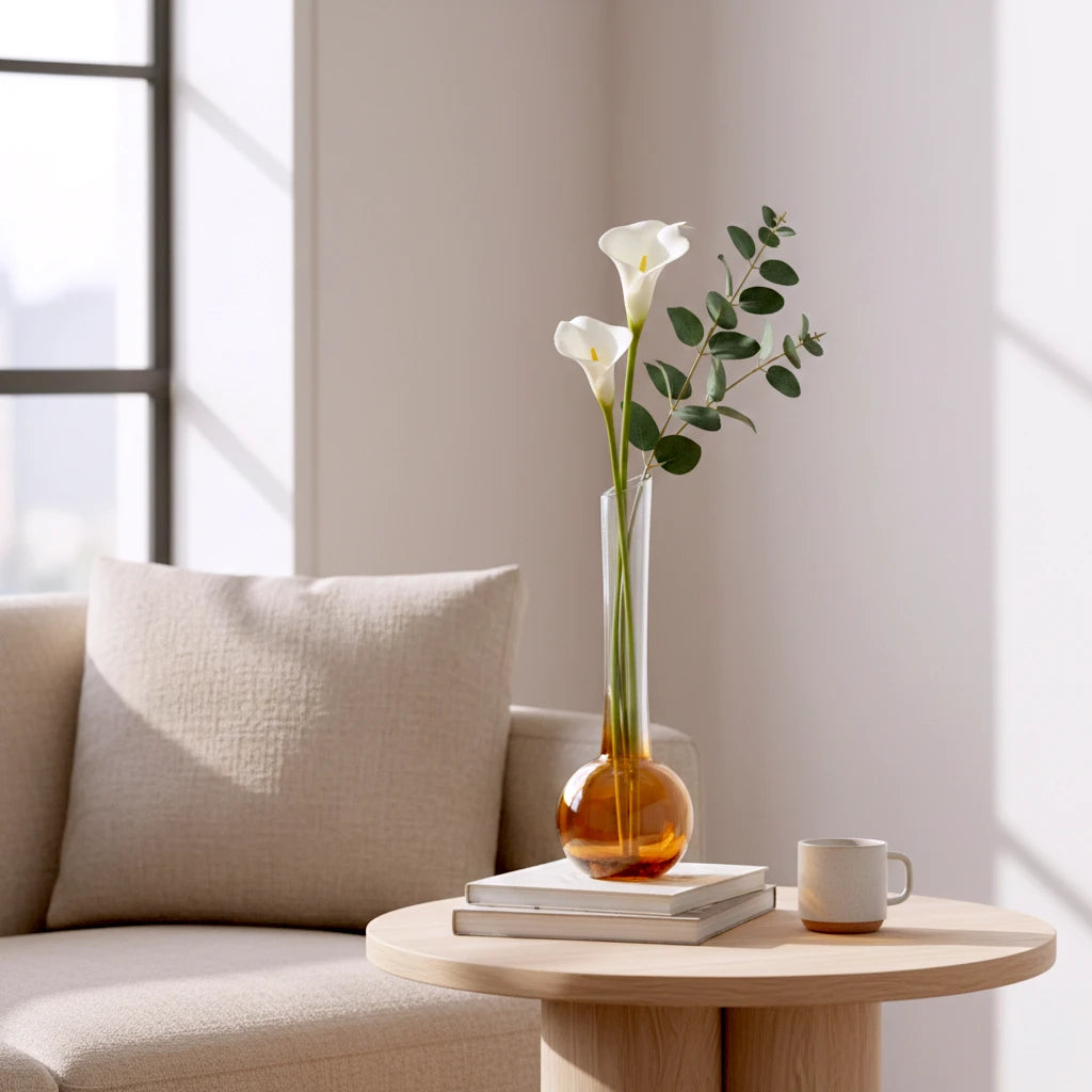 Glass vase with spherical base and elongated cylindrical neck designed for single stem floral arrangements