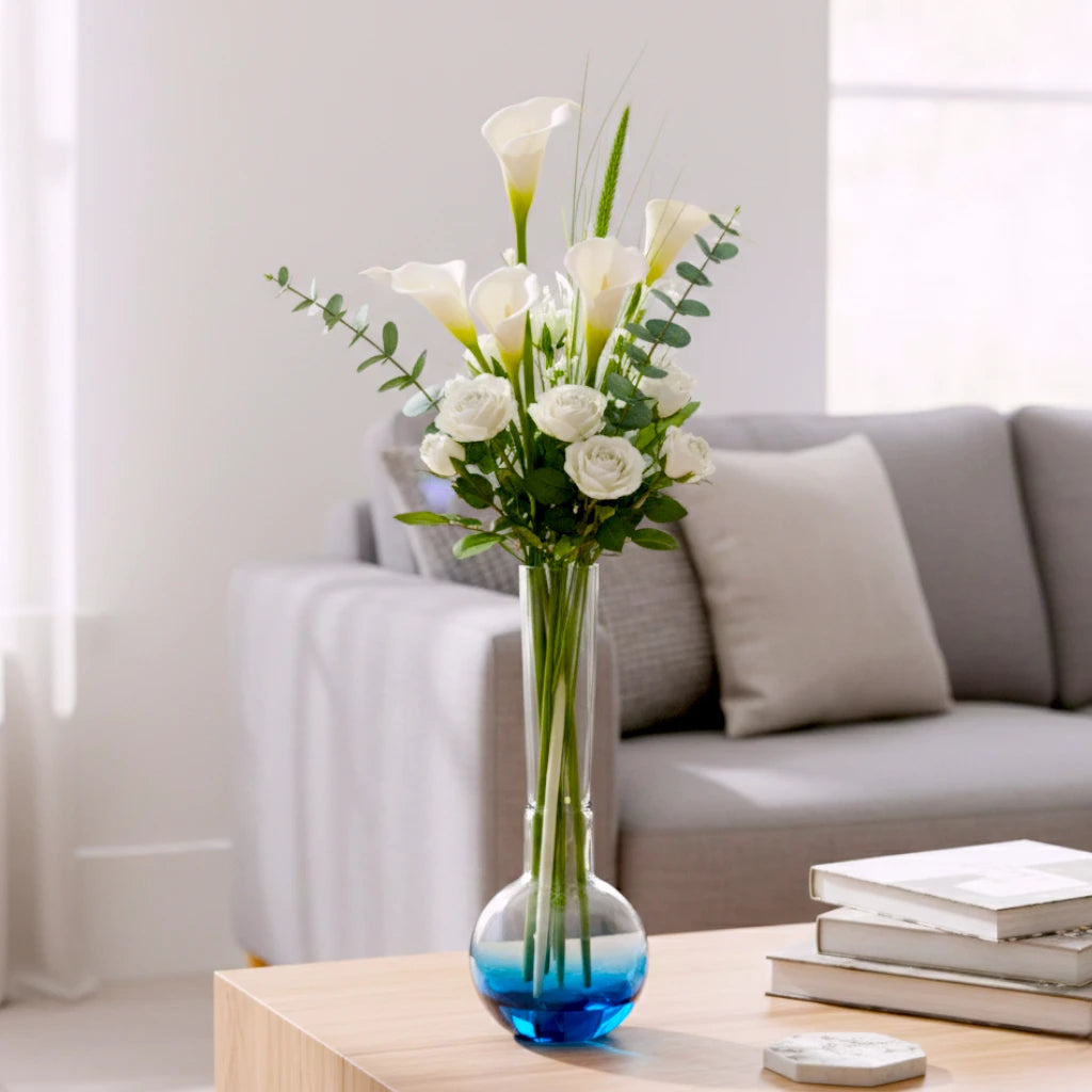 Glass vase with spherical base and elongated cylindrical neck designed for single stem floral arrangements