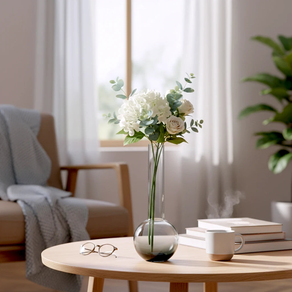 Glass vase with spherical base and elongated cylindrical neck designed for single stem floral arrangements
