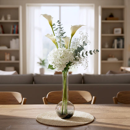 Glass vase with spherical base and elongated cylindrical neck designed for single stem floral arrangements