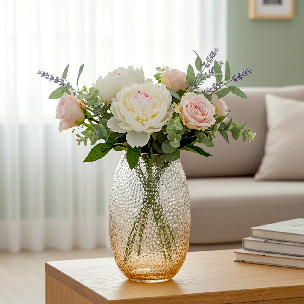 Pebble texture oval glass decorative vase with rounded base and textured surface
