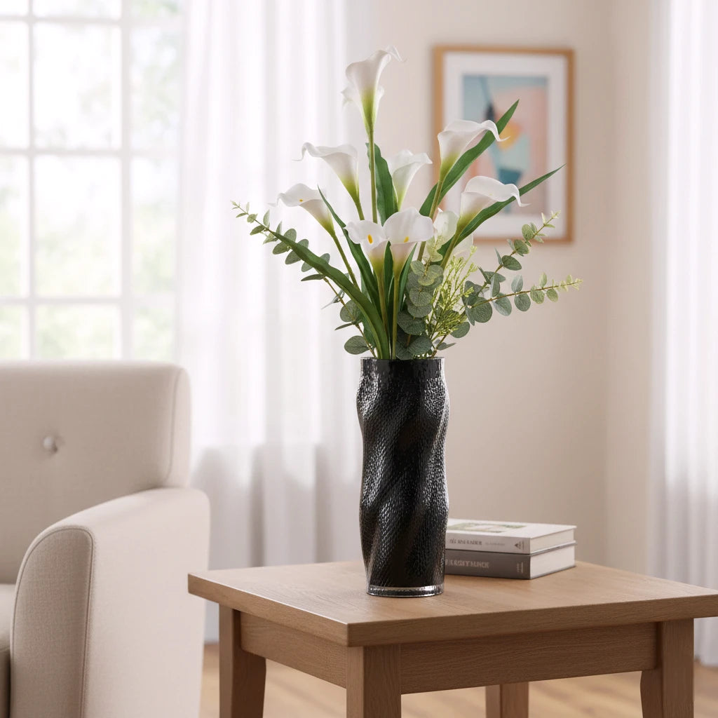 Textured art glass vase with flowing sculptural form and dimensional surface detailing